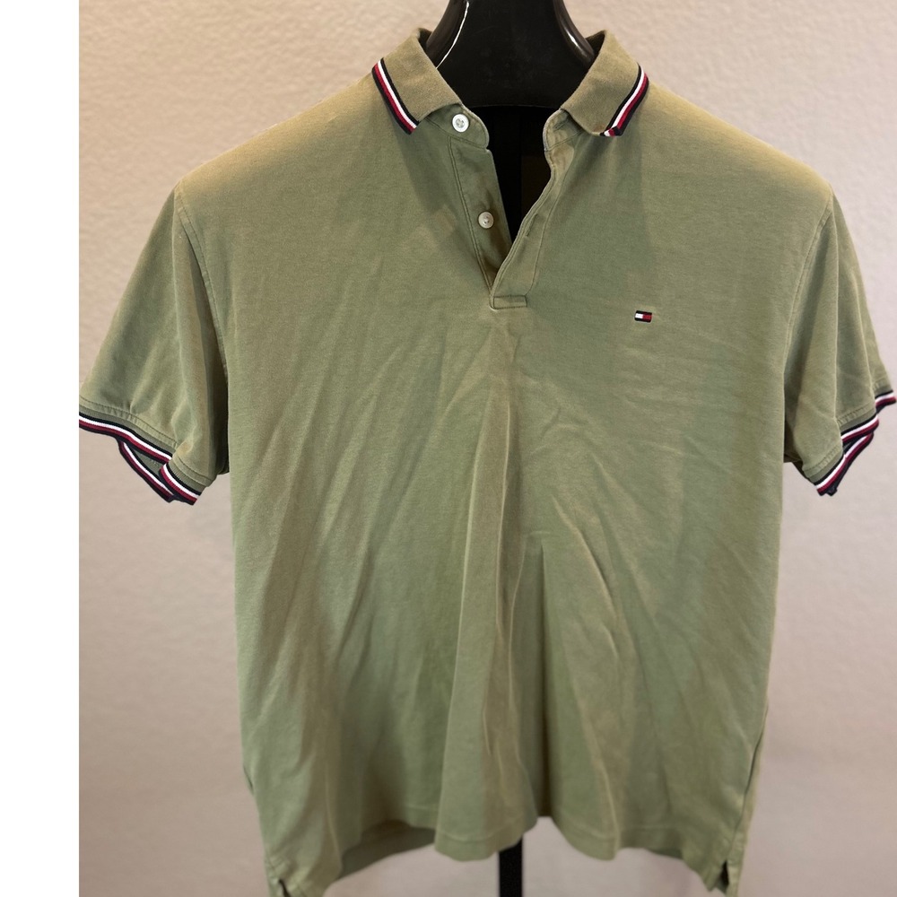 Tommy Hilfiger Men Olive Green Short Sleeve Polo Shirt Striped Collar Cuffs L